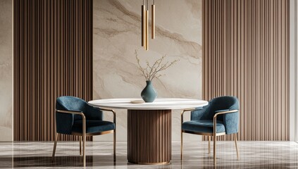 Modern Dining Room: Elegant Table, Chairs, and Wall Design with Marble and Wood Accents, Creating a Luxurious Atmosphere