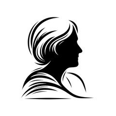 Silhouette of a Woman with flowing Hair in Black and White Style  on a transparent background