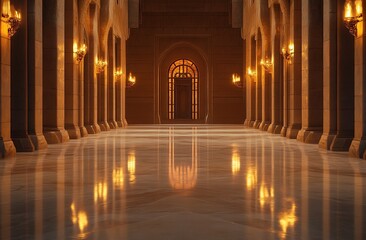 Grand Hallway with Golden Lights and Marble Floor