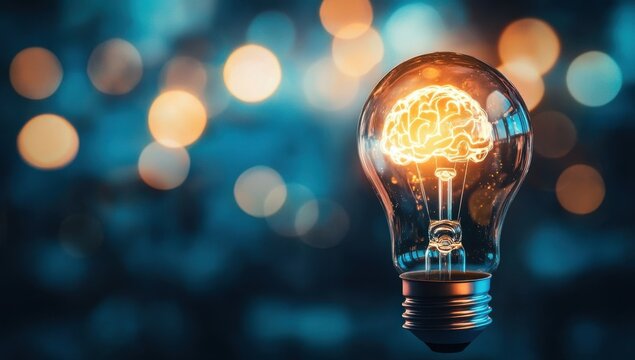 Light bulb with a glowing brain inside on a dark background, a concept of idea and innovation, with copy space