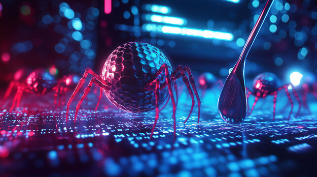 Futuristic cyberpunk-style 3D illustration of tiny neon spiders crawling on a keyboard, with a metallic golf ball and club. Vibrant blue and red lighting creates a surreal, tech-infused atmosphere.