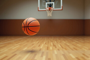 Fototapeta premium Basketball competition. The ball flies over the indoor court floor, with the hoop in the background. Game dynamics, sport, movement. 