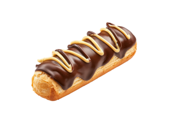 Delicious chocolate eclair with custard drizzle on a transparent background. Perfect for dessert or pastry concepts.
