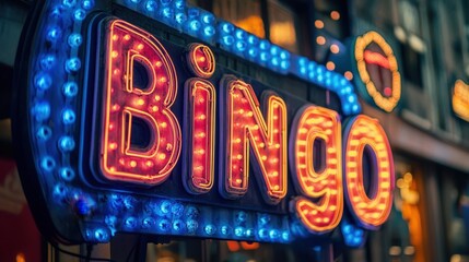 Vibrant Neon Sign Close-Up: Retro Signage, City Lights, Nighttime Urban Scene, Detailed Textures, Bright Colors, Advertising, Entertainment.