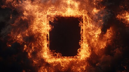 Dramatic photo shows a rectangular frame engulfed in flames, with a black center. Image appears to be for stock photography.

