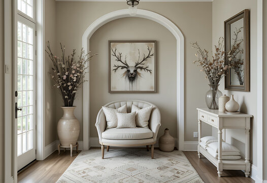 Cozy nook with a round snuggle chair, soft pillows, abstract art, and decorative vases in a neutral toned space. Shabby chic french country interior design of modern hall, home entryway.