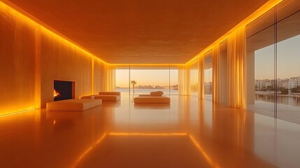 Elegant minimalist house, architectural lighting, spacious empty rooms, simple yet sophisticated design