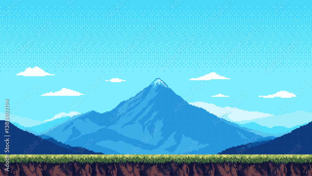 Aufkleber 8-bit pixel art retro game level background. 2D platformer video game. side view of a fantasy world. high mountain landscape. simple 2D vector graphics.