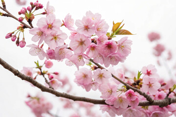 Obraz premium Cherry tree branches adorned with delicate pink flowers, showcasing nature’s artistry and the elegance of floral rebirth in spring.