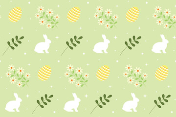 Naklejka premium Happy Easter pattern. Easter bunny, flowers , egg, twigs on green background. Design for greeting cards, posters, decorations, wrapping paper, textile. Flat cartoon style.Vector illustration.