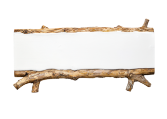 Rustic wooden sign with a blank white space for text or graphics. Ideal for nature themed designs and outdoor events.