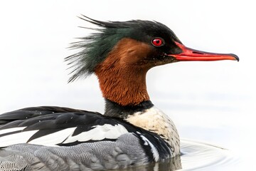 A red-crested cormorant, a wild avian with a colorful beak and black feathers, is a duck-like bird in the water, its wings wet from the rain