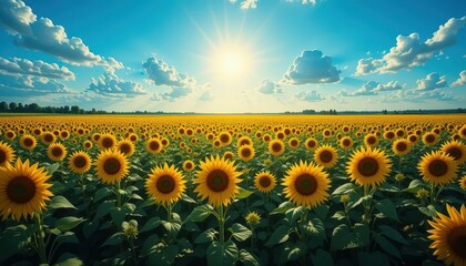 Obraz premium Bright Sunflowers Under Radiant Sky in Field During Golden Hour