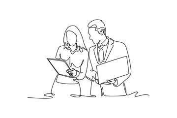 Businesspeople signing business contract. Agreement business concept. Single line draw design. Vector graphic illustration