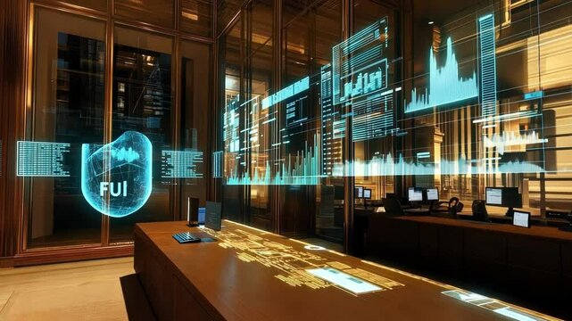 Holographic projections of futuristic user interfaces displaying data and code in a secure server room emphasize cybersecurity and data protection in a high tech environment