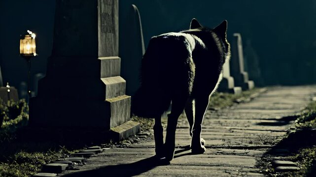 Black wolf lurks beside tombstones in dim graveyard, exuding fearsome aura. Black wolf stands alert under pale moon, fueling dark intrigue. Black wolf commands silent reverence, gripping any onlooker.