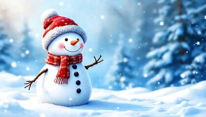 Obraz premium Snowman Standing in a Snowy Field with Pine Trees Winter Scene