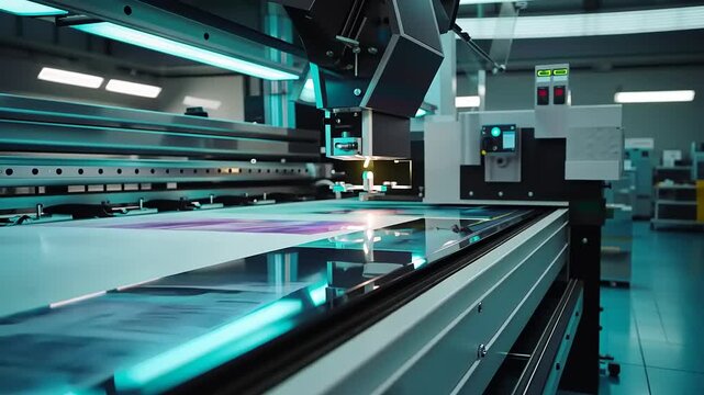 High-Tech Large Format Printer in Action:  A Close-Up View of a Modern Digital Printing Machine During Operation, Showing Precision and Technology