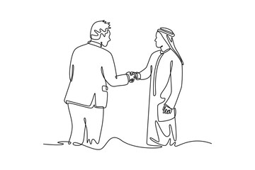 Multiethnic western and middle eastern business team working together in an office. Agreement business concept. Single line draw design. Vector graphic illustration