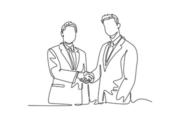 two businessmen shaking hands. business agreement. Agreement business concept. Single line draw design. Vector graphic illustration