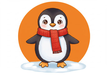 Cute Cartoon Penguin Wearing Red Scarf on Orange Background
