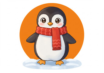 Cute Cartoon Penguin Wearing Red Scarf on Orange Background