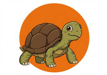 Cute Cartoon Turtle Walking on Orange Background