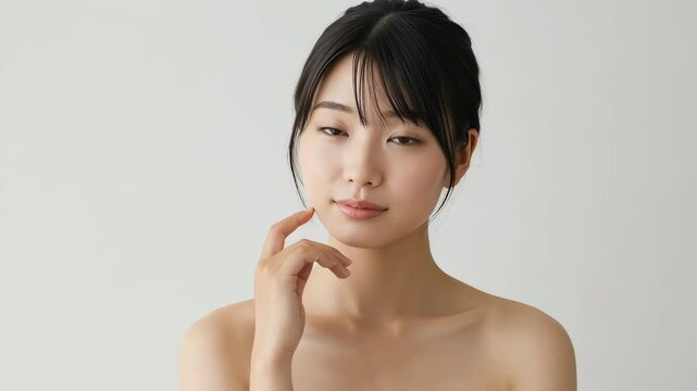 片手でフェイスラインを強調する、後ろで髪を団子にしている素肌の女性