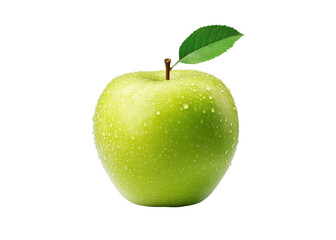 Fresh green apple with water droplets and leaf on a transparent background. Healthy eating and fruit concept.