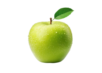 Fresh green apple with water droplets and leaf on a transparent background. Healthy eating and fruit concept.