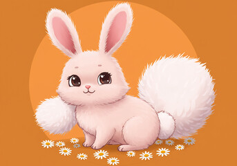 Cute Fluffy Pink Bunny with Daisies on Orange Background