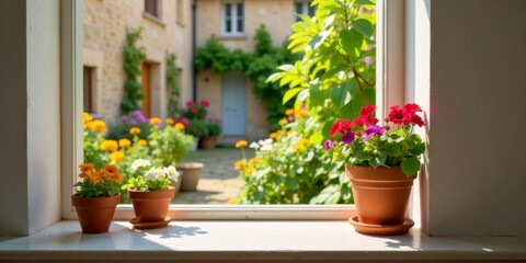 Fototapeta premium Sunlit Windowsill Flower Display Vibrant Blooms in Terracotta Pots, Overlooking a Lush Garden Scene