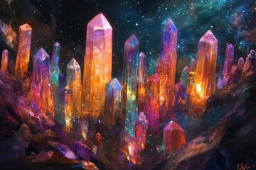 Cosmic crystal city, glowing with vibrant colors