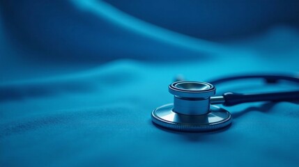 A Close-Up View of a Medical Stethoscope Resting on a Smooth, Deep Blue Fabric Surface