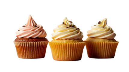 Cupcakes arranged in a row on a white background. - Transparent background