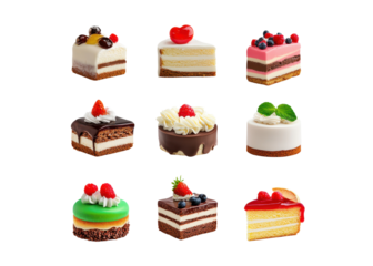 Assortment of delicious cake slices with various toppings. Perfect for dessert menus, bakeries, and sweet treats concepts.