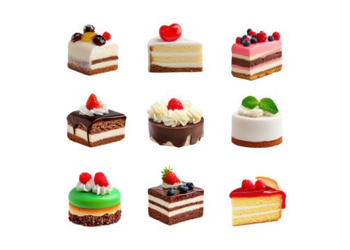 Assortment of delicious cake slices with various toppings. Perfect for dessert menus, bakeries, and sweet treats concepts.