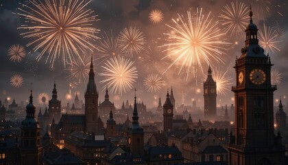 Fototapeta premium Clockwork Bloom Steampunk Inspired Fireworks Display over a Victorian Era Cityscape