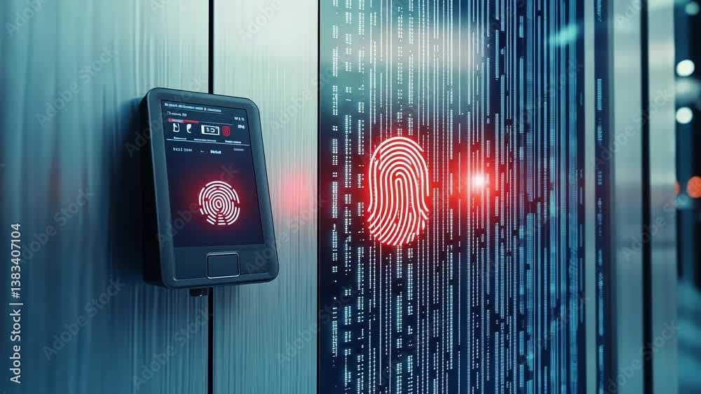 Poster futuristic fingerprint scanner verifying identity and granting access to secure server room, ensurin
