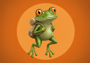 Cute Green Frog with Backpack on Orange Background
