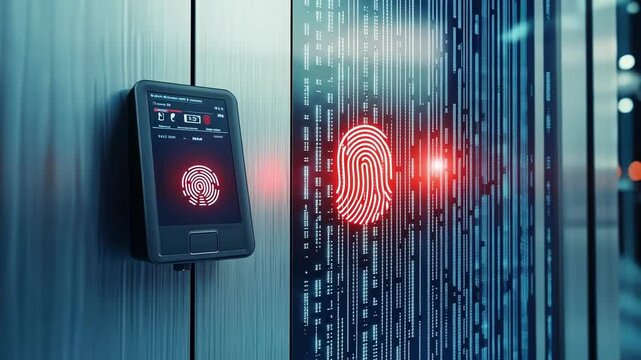 Futuristic fingerprint scanner verifying identity and granting access to secure server room, ensuring advanced cyber security measures in modern data center