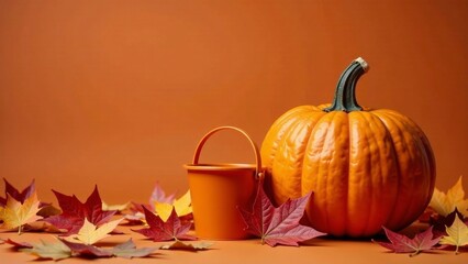 Autumnal Still Life Featuring a Single Pumpkin and Small Bucket Surrounded by Colorful Fall Leaves on a Warm Orange Background