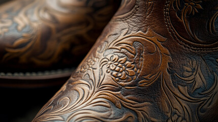These stunning cowboy boots feature striking embossed brown cowhide leather with intricate stitching details.  AI generative