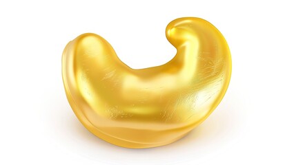 A realistic single golden cashew nut with a slightly glossy surface, exhibiting detailed natural curves and a rich texture. It is isolated on a white background, showcasing the nut's intricate feature