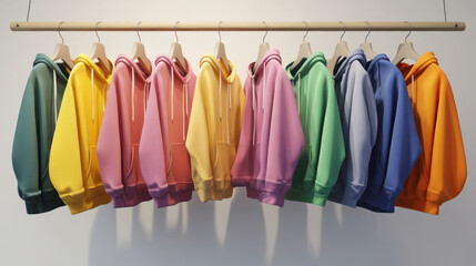 A colorful collection of hoodies hanging on a wooden hanger showcasing vibrant designs and streetwear fashion. AI generative