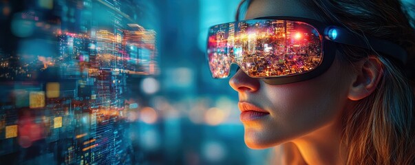 Businesswoman exploring virtual reality technology with futuristic smart goggles