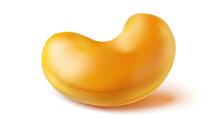 A realistic single golden cashew nut with a slightly glossy surface, exhibiting detailed natural curves and a rich texture. It is isolated on a white background, showcasing the nut's intricate feature