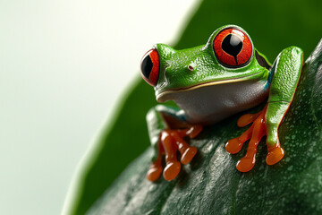 vibrant green tree frog with striking red eyes rests on leaf, showcasing its colorful features and unique texture. This close up captures essence of nature beauty and detail