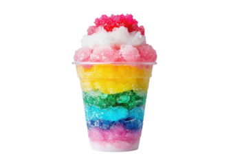 Colorful shaved ice dessert in a cup. Rainbow shaved ice with different flavors. Sweet summer treat.