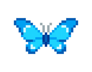 Obraz premium Pixel Blue Makhaon Butterfly simple icon in 8-Bit on white background. Blue Makhaon Butterfly in simple pixel art graphis. Editable vector
